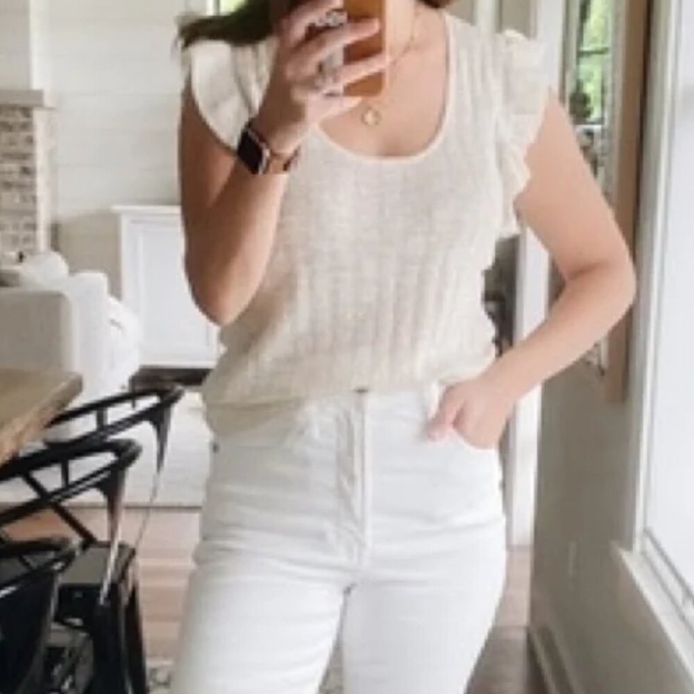 J.Crew Cream ruffle sweater tank in linen blend Large
